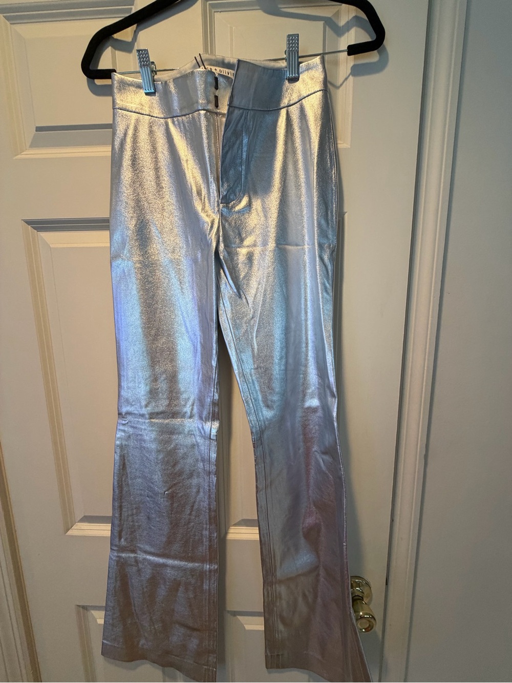 Alice + Olivia Metallic Silver Flare Jeans